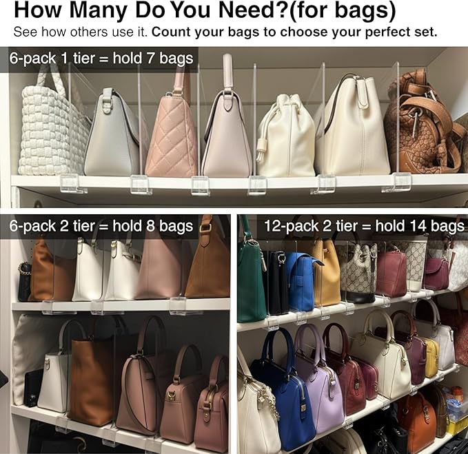 SortNStore Shelf Dividers Purse Organizer for Closet: 11-inch Tall(Extra Tall) Acrylic Sweater Organizer - Upgraded Extra Height for Large Handbags, Totes, Clothes, Towels on Wood Shelves 6-Pack
