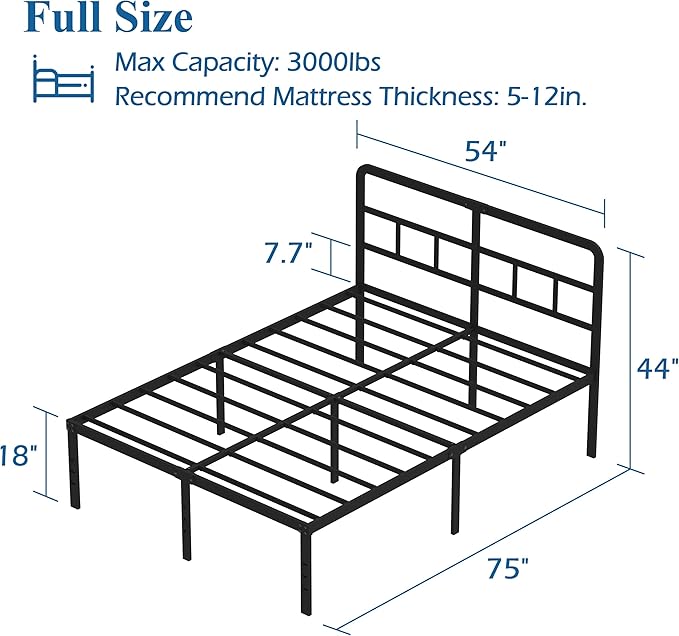 DiaOutro 18 Inch Full Size Bed Frame with Headboard No Box Spring Needed, Heavy Duty Metal Platform with Steel Slat, Mattress Foundation, Easy Assembly, Noise Free, Black