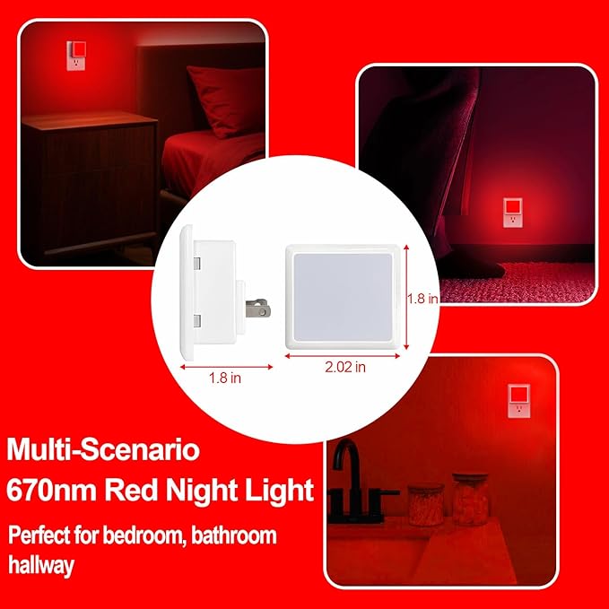 670nm Red Light Night Light for Sleep[4 Pack]- Zero Blue Light, Dimmable & Energy Efficient 0.3W Night Light Plug into Wall with Dusk-to-Dawn Sensor for Nursery, Bedroom, Bathroom