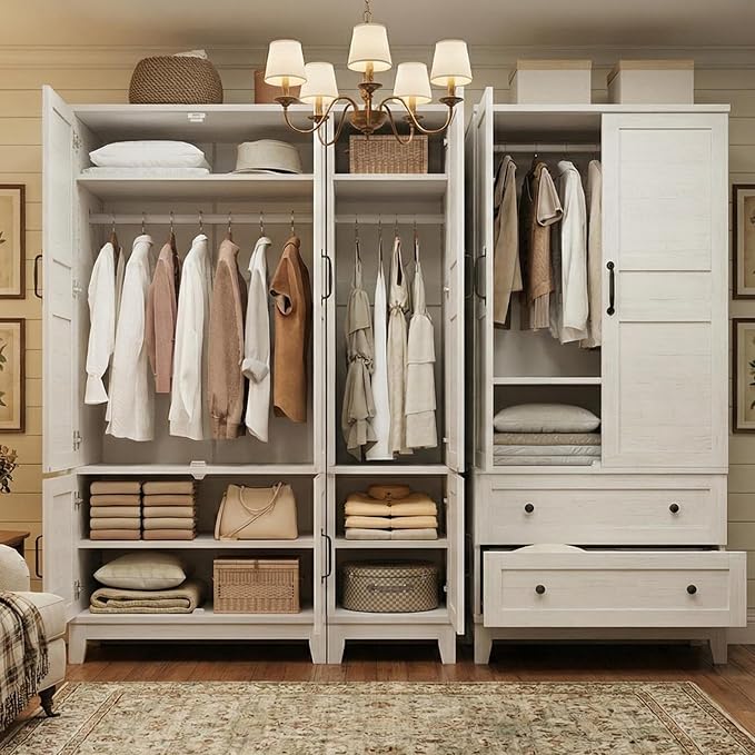 IDEALHOUSE Armoire Wardrobe Closet with 2 Drawers, 72" Tall Wooden Clothing Wardrobe with Hanging Rod & DIY Adjustable Shelf, Heavy Duty Bedroom Armoire Storage Cabinet with Doors, Rustic White