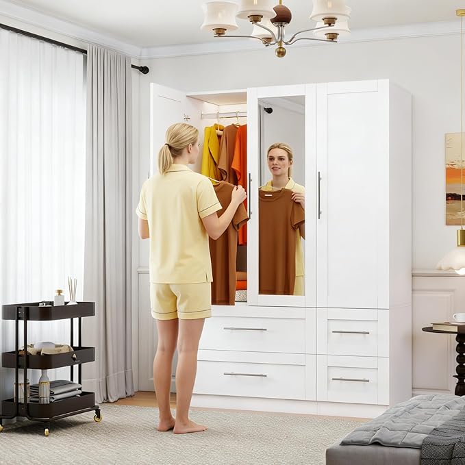 Wardrobe Closet with 4 Deep Drawers, Wooden Wardrobe Closet with Doors and Mirror, White Bedroom Armoires Wardrobe Cabinet Closet with Hanging Rod & Shelves, 71" Tall