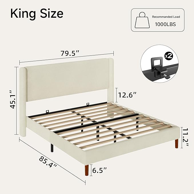 King Boucle Bed Frame, Platform Bed with Upholstered Wingback Headboard, Strong Wooden Slats Support, Noise-Free, No Box Spring Needed, Easy Assembly, Beige