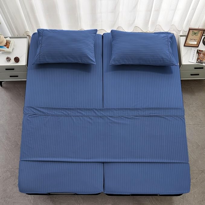 Kingnex Striped Split California King Sheets Sets for Adjustable Bed with Deep Pocket 5 Pieces Include 2 Cali Twin XL Fitted Sheets 1 Flat Sheet 2 King Size Pillowcases Navy