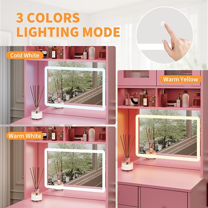 GarveeLife Compact Vanity, Make Up Vanity Desk with Mirror and Lights, White Vanity Table Set with Charger Station,Girls Small Vanity and Storage Chair