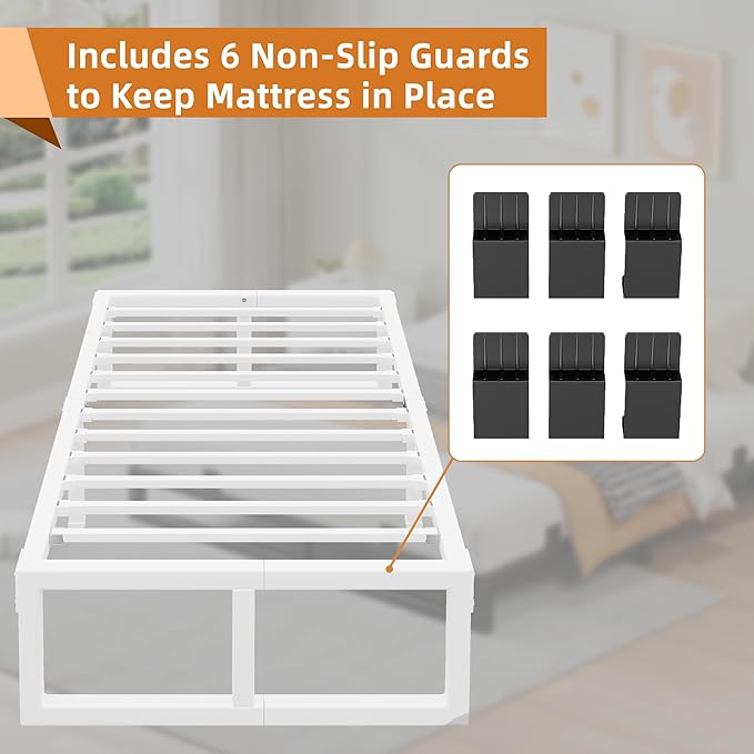 Twin Bed Frames, 14 Inch Metal Platform Bed Frame with Squeak Free U-Slot Design, 6 Non-Slip Guards, 3500lbs Heavy Duty Steel Slat Support, No Box Spring Needed, Under Bed Storage, White