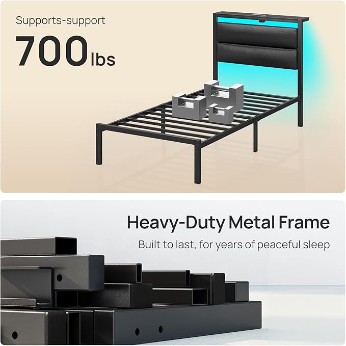Rolanstar Bed Frame Twin Size with Charging Station, LED Twin Bed Frame with Upholstered Storage Headboard, Platform Bed with Metal Slats & Under Bed Storage, No Box Spring Needed, Noise Free, Black