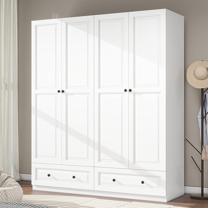 Armoire Wardrobe Closet with Drawers: 63" White Wardrobe Closet with 4 Doors and 2 Drawers, Wood Clothes Armoire with Hanging Rod, Clothing Storage Cabinet for Bedroom