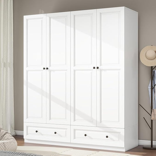 Armoire Wardrobe Closet with Drawers: 63" White Wardrobe Closet with 4 Doors and 2 Drawers, Wood Clothes Armoire with Hanging Rod, Clothing Storage Cabinet for Bedroom