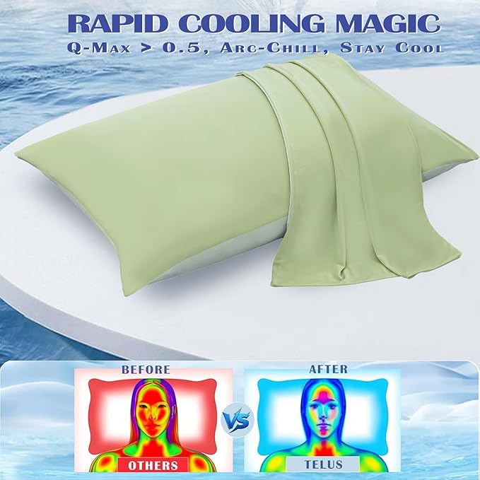 TELUS Cooling Pillowcases for Hot Sleepers Queen Size 2-Pack, Silky Soft Breathable Pillow Case with Envelope Close, Stay Cool Pillow Cover for Night Sweats, 20x30 Inch, Green