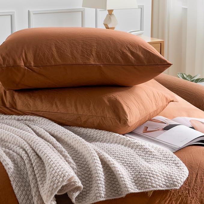 NEXHOME PRO Duvet Cover Set 100% Washed Cotton Oversized Queen 98"x98", Organic Natural Linen Look Textured 3 Pieces Bedding Set Terracotta Burnt Orange with Zipper Closure, Soft (No Comforter)