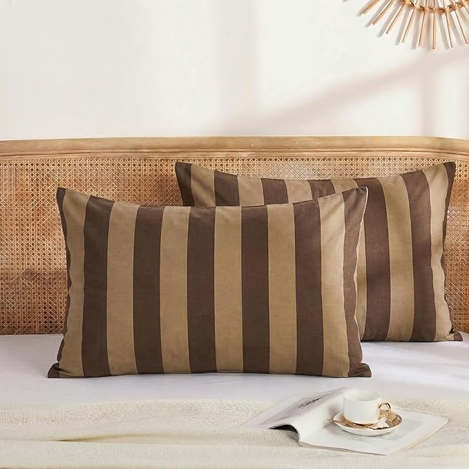 Merryword Queen Size Pillowcases, 100% Cotton Pillow Cases, Brown and Khaki Striped Pillowcases, Luxury Linen Like Pillowcase, Soft Breathable Wide Stripes Pillow Covers, Set of 2