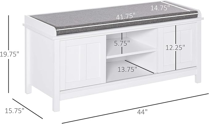 HOMCOM Entryway Shoe Bench Storage Ottoman with Sliding Doors, Adjustable Shelving, 6 Compartments, and Padded Seat, Holds 10 Pairs, White
