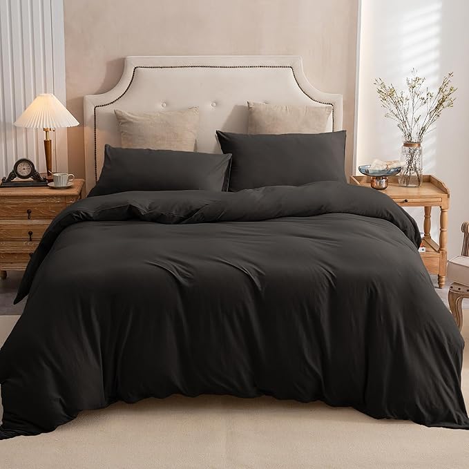 PURE ERA Jersey Knit Duvet Cover Set 100% T-Shirt Cotton Super Soft Comfy 3pc Bedding Set with Zipper Closure (Solid Black, Queen)