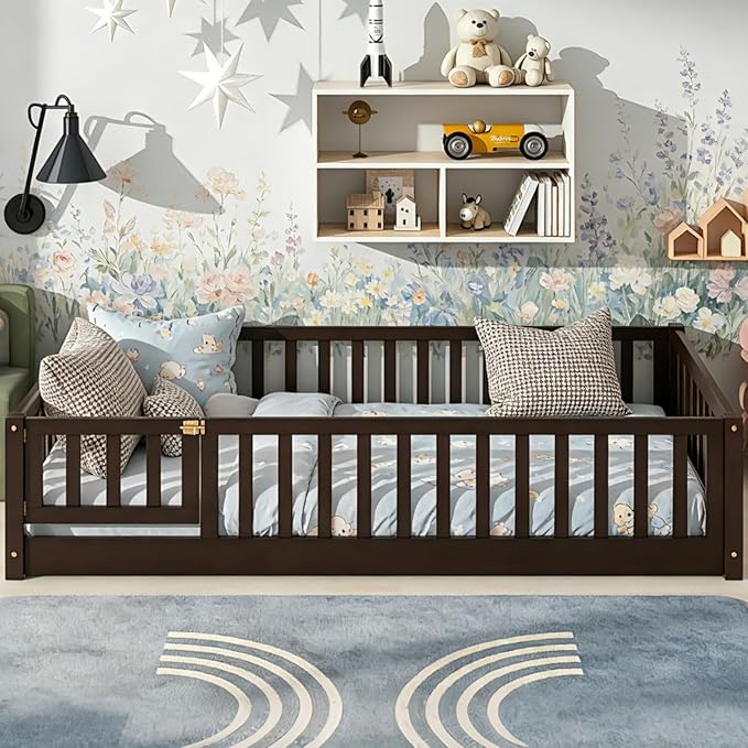 Bellemave Montessori Twin Floor Bed Frame with Fence and Removable Door, Low Profile Twin Size Montessori Bed Frame for Kids, Solid Wooden Floor Beds with Slats for Bedroom,Nursery, Espresso