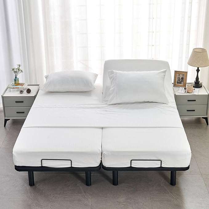 Kingnex Striped Split King Sheets Sets for Adjustable Bed with Deep Pocket Ultra Soft 1800 Brushed Microfiber 5 Pieces Include 2 Twin XL 39x80 Fitted Sheets 1 Flat Sheet 2 King Size Pillowcases White