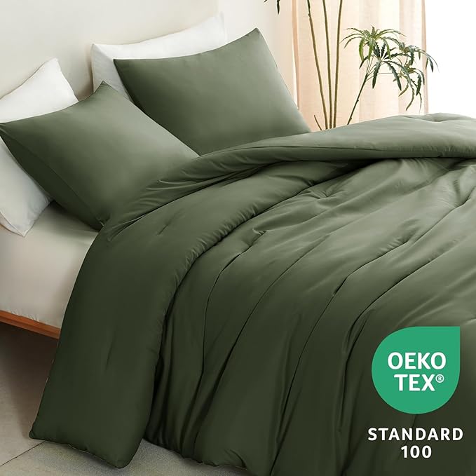 CozyLux Oversized Queen Comforter Set Olive Green, 3 Pieces 98x98 Solid Breathable Quilted Bedding Sets All Season, Luxury Soft Lightweight Bed Set with Down Alternative Comforter and 2 Pillowcases