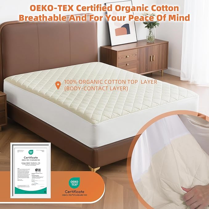 Organic Cotton King Mattress Protector - Top&Side 100% Waterproof Mattress Protectors, Breathable Organic Mattress Protector, Noiseless King Mattress Protectors Waterproof 80x76x17 in