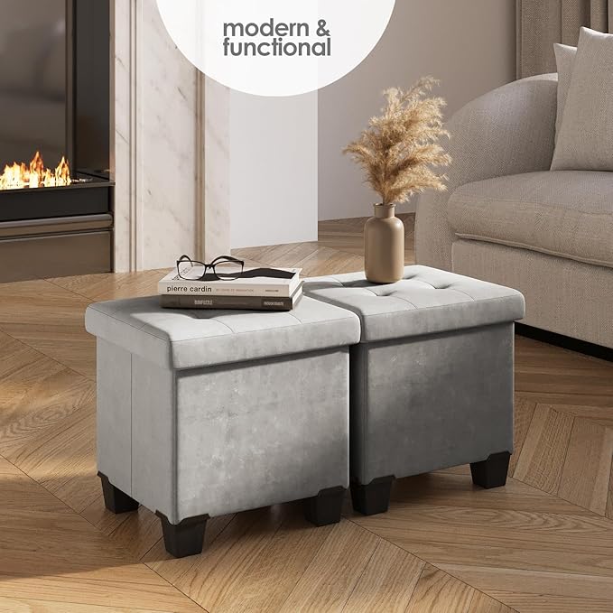 Storage Ottoman Cube with Small Bin, 15-in Square Ottoman with Storage for Living Room and Bedroom, Small Ottomans Foot Rest, Velvet Foot Stools Ottomans Max 330lbs, Light Grey