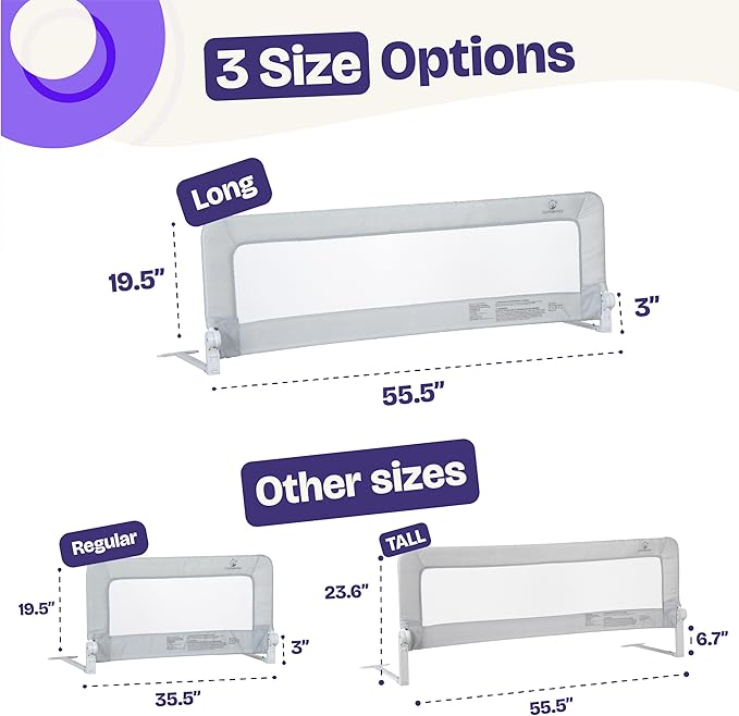 ComfyBumpy 2-Pack Bed Rail for Toddlers 55.5" L x 19.5" H | Toddler Bed Rails for Twin, Full, Queen & King Mattress Size | Swing Down Rail Guard | Mattress Side Rail for Kids | Gray