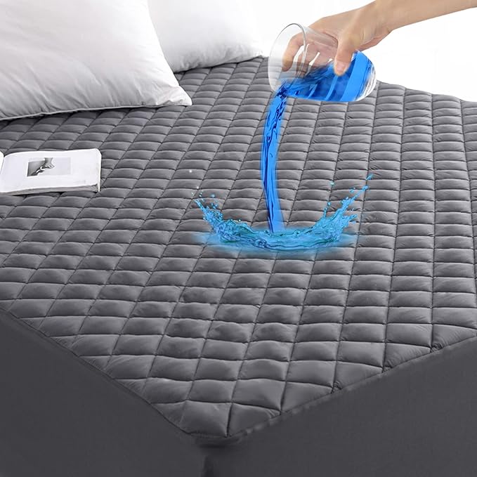 GRT Twin XL Size Grey Quilted Fitted Mattress Pad, 100% Waterproof Breathable Mattress Protector, Noiseless Hollow Cotton Mattress Topper, Fitted 8"-19" Deep, Dust Proof