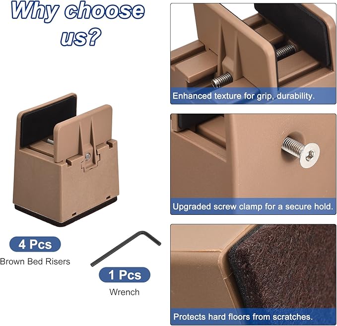 uxcell 2 inch Bed Risers with Adjustable Screw Clamp, 4Pcs Furniture Risers for Bed, Desk, Sofa, Table, Fit for Furniture Thickness 0.39-1.45", Supports 5000 Pounds, Brown