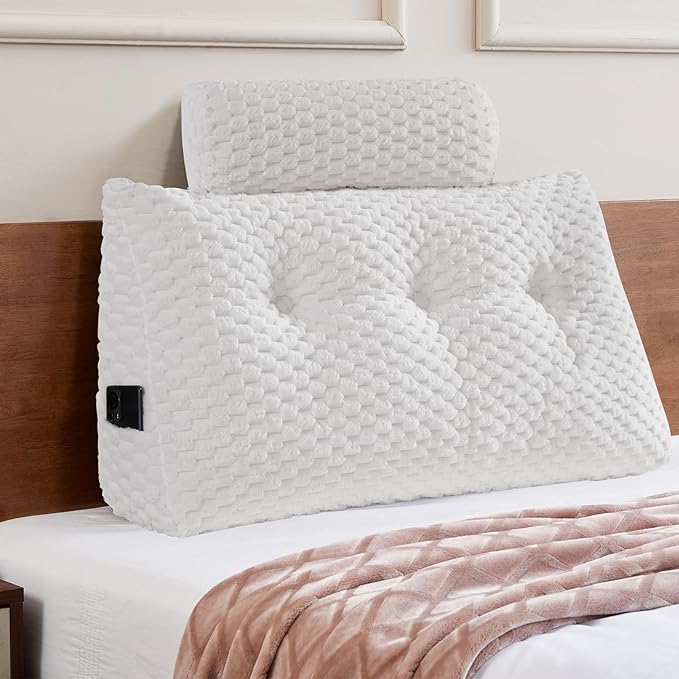 Wedge Headboard Pillow - Bed Wedge Pillow for Headboard Triangular Head board Pillows with Neck Roll -Large Bolster Pillows for Sitting in Bed Backrest Positioning Support (White,39x8x20 Inches)