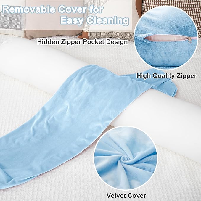 1 MIDDLE ONE Bolster Pillow for Bed, Long Round Body Pillow for Adults with Removable Velvet Cover, Decorative Tube Roll Cylinder Pillow, 47 x 7.87 Inch, Light Blue