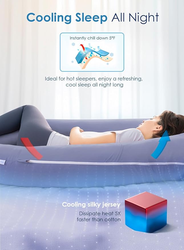 QUEEN ROSE Pregnancy Pillows, 60 Inch Cooling U Shaped Body Pillow for Sleeping, Extra Long Maternity Pillow for Pregnant Women, Body Support for Adults, with Soft Silky Cover, Blue