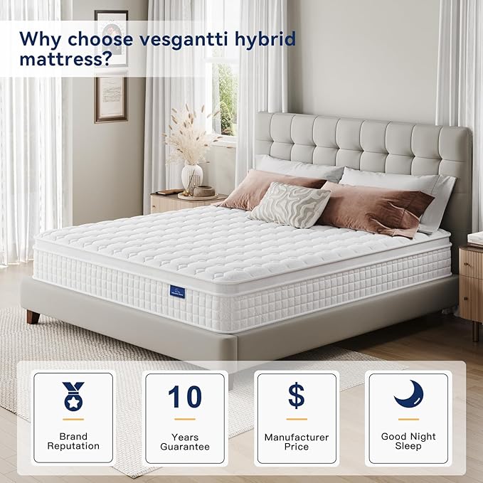 Vesgantti 12 Inch Multilayer Hybrid Twin Mattress - Multiple Sizes & Styles Available, Ergonomic Design with Memory Foam and Pocket Spring, Medium Firm Feel, White