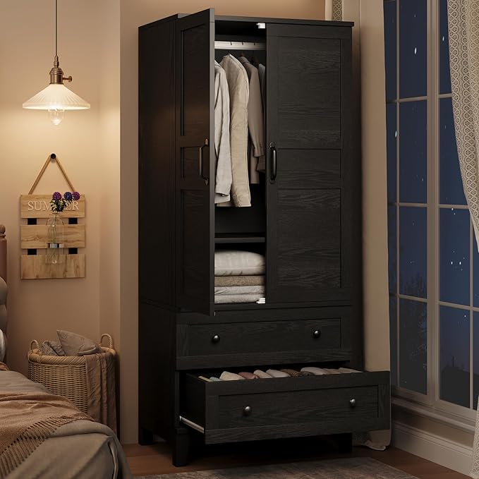 GarveeHome Armoire Wardrobe Closet with 2 Drawers,72 in Wooden Wardrobe Cabinet with Hanging Rod, Tall Clothing Armoire Cabinet with Doors and 18 Adjustable Shelves for Bedroom, Clothes, Black
