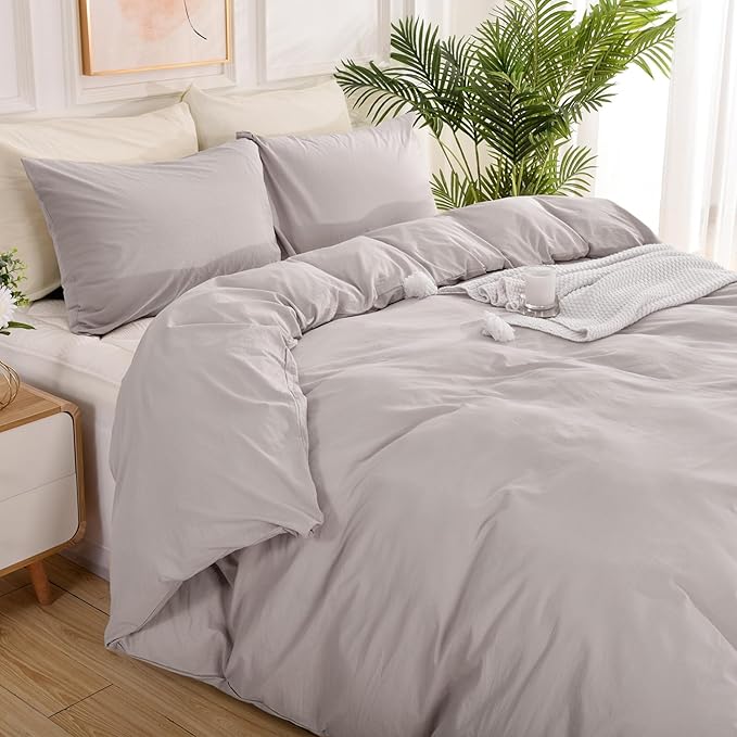 NEXHOME PRO Duvet Cover Queen Size, 100% Washed Cotton Orgnic Linen Like Textured Breathable Durable Comfy, 3 PCs Home Bedding Set
