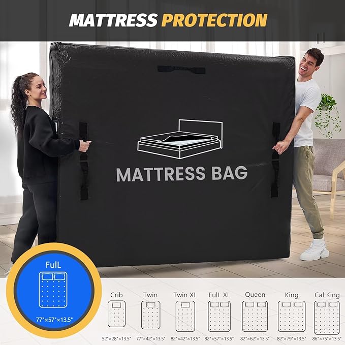 Mattress Bags for Moving and Storage, BETU Full Size Waterproof Mattress Protector Mattress Cover with 8 Heavy Duty Handles and Zipper Extra Thick Moving Supplies for Bed (2 Pack:77x57x13.5 Black)