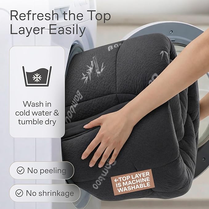 Dual-Layer 4 Inch Full Size Mattress Topper - 2” Memory Foam + 2” Viscose Made from Bamboo Mattress Pad - Double the Comfort & Back Support - Removable & Machine-Washable Cover, Dark Gray