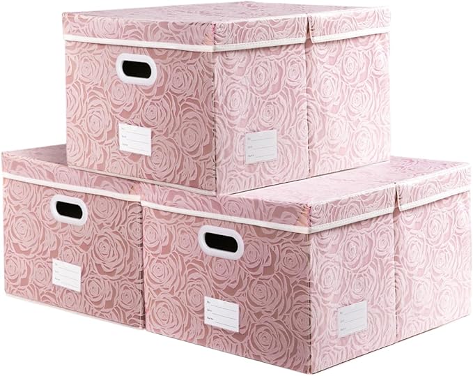 PRANDOM Jumbo Collapsible Storage Boxes with Lids Fabric Decorative Storage Bins Cubes Organizer Baskets with Cover Handles Divider for Bedroom Closet Living Room 23.2x15.7x11.8 Inch 3 Pack