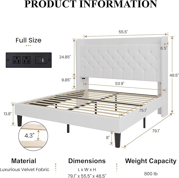 SHA CERLIN Full Size Platform Bed Frame with Charging Station, Velvet Wingback Headboard with Storage Shelf, Wooden Slats Support, Ample Under-Bed Space, No Box Spring Needed, Easy Assembly, White