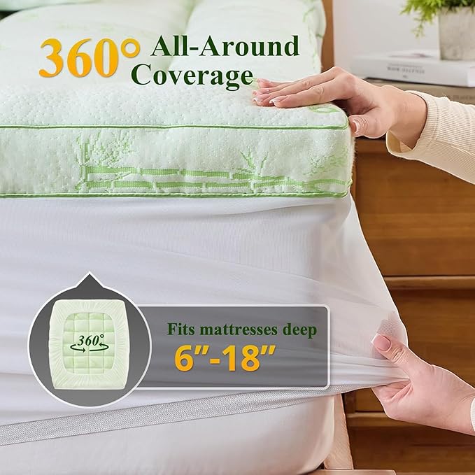 Memory Foam Mattress Topper - Viscose Made from Bamboo Pillow Top Thick Full Size Mattress Pad for Back Pain, Ultra Soft & Cooling for Hot Sleepers, 6-18'' Deep Pocket, Green