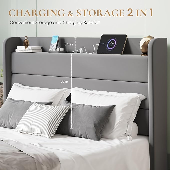 SHA CERLIN Full Size Bed Frame with Charging Station, Velvet Upholstered Platform Bed, Wingback Storage Headboard, Type-C & USB Ports, Strong Wooden Slats, No Box Spring Needed, Easy Assembly, Grey