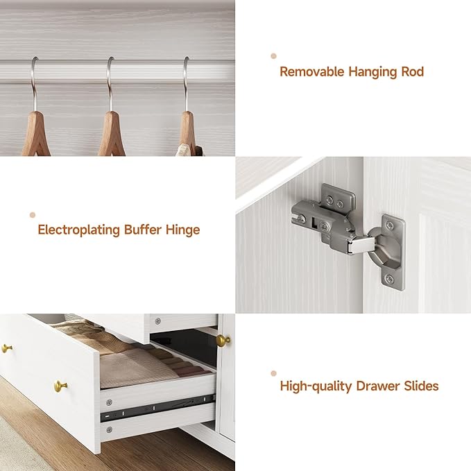 ONBRILL 3 Doors Wooden Wardrobe Closet Armoire with Pull Out Pants Rack, Bedroom Large Capacity Armoire with Drawers and Shelves, Storage Cabinet for Hanging Clothes, White