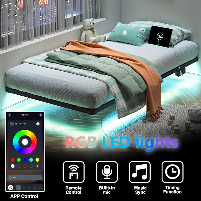 HAVONIZD Floating Bed Frame Twin with LED Lights and Charging Station - 8 inch Platform Bed Frame No Box Spring Needed, Easy Assembly