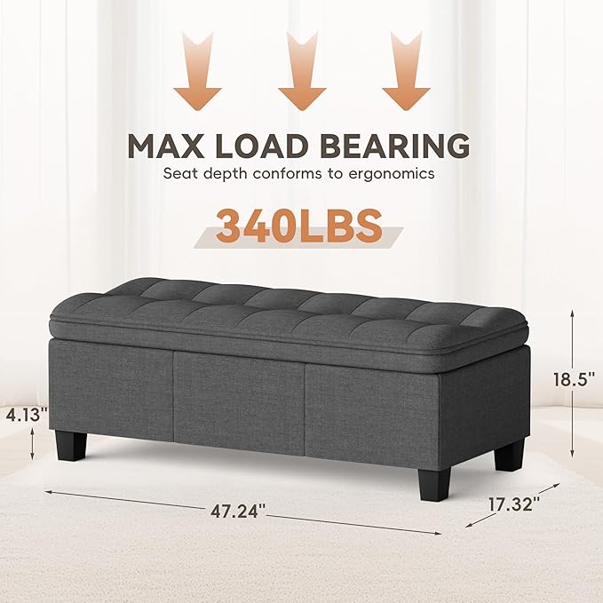 YESHOMY 47 Inches Ottoman with Storage, Storage Bench with Legs, Ottomans for Living Room, Entryway, Adjustable & Movable, Easy Assembly, Dark Gray Textured