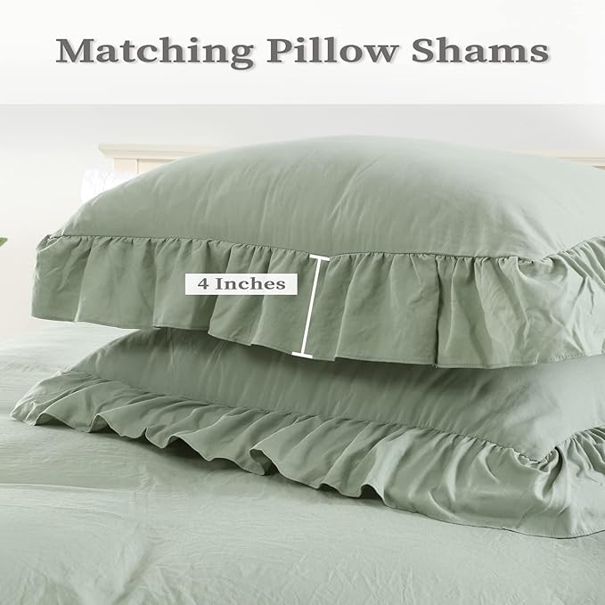 CAROMIO Ruffle Duvet Cover King Size, 3PCS Soft Washed Microfiber Vintage French Country Duvet Cover Set with Button Closure, Sage Green, 104x90 in
