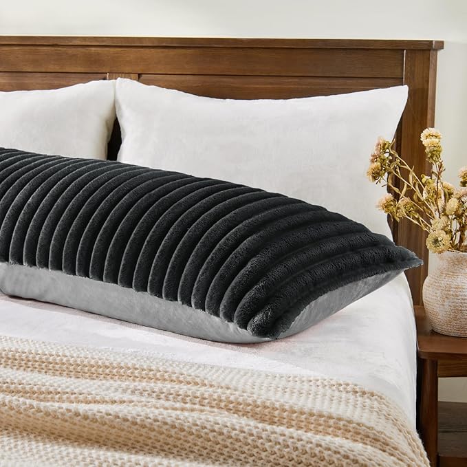 BEDELITE Fluffy Faux Fur Body Pillow Cover with Zipper, Luxury Plush 3D Striped Pillow Cover 20x54 Inches, Super Soft and Cozy Long Body Pillow Pillowcase for Bed Sofa Couch Room Decor(Black Grey)