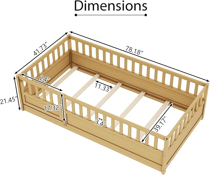 Bellemave Twin Size Floor Bed with Fence and Door, Montessori Floor Bed with Slats, Twin Size Montessori Beds for Kids, Girls, Boys, Natural