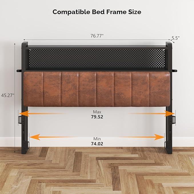 VINGLI King Size PU Leather Upholstered Headboard Bookcase Head Board for Bed with Storage,Charging Stations and LED Light, 2 Tier Shelves and Pegboard, Height Adjustable, Industrial Brown