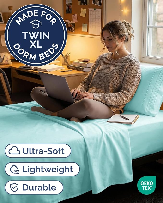 Twin XL Size 3 Piece Sheet Set - Comfy Breathable & Cooling Sheets - Hotel Luxury Bed Sheets for Women & Men - Deep Pockets, Easy-Fit, Soft and Wrinkle Free Sheets - Spa Blue Oeko-Tex Bed Sheet Set