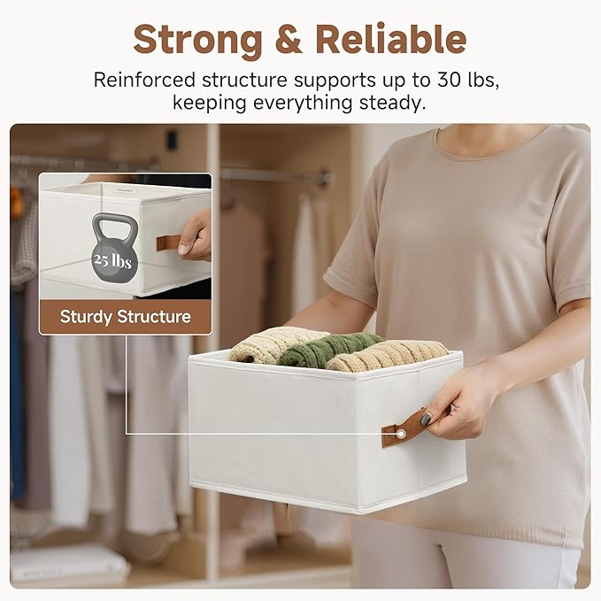 StorageWorks Closet Organizer Storage Baskets, Storage Bins for Shelves, Fabric Organization and Storage, Foldable Closet Organizer for Clothes, Ivory White, 3-Pack, Small