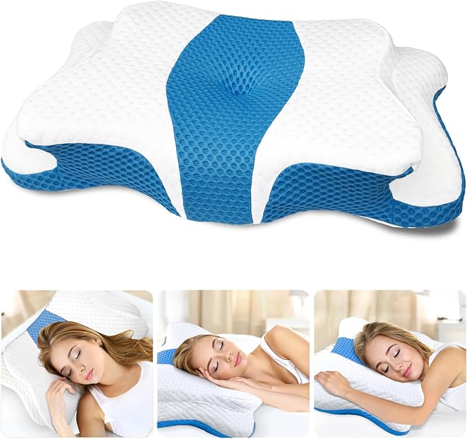 CHxxy Cervical Neck Pillow for Pain Relief Sleeping, Memory Foam Pillows, Ergonomic Side Sleeper Pillows for Adults, Orthopedic Neck Support Pillow for Back Stomach Sleepers-King Size&Blue
