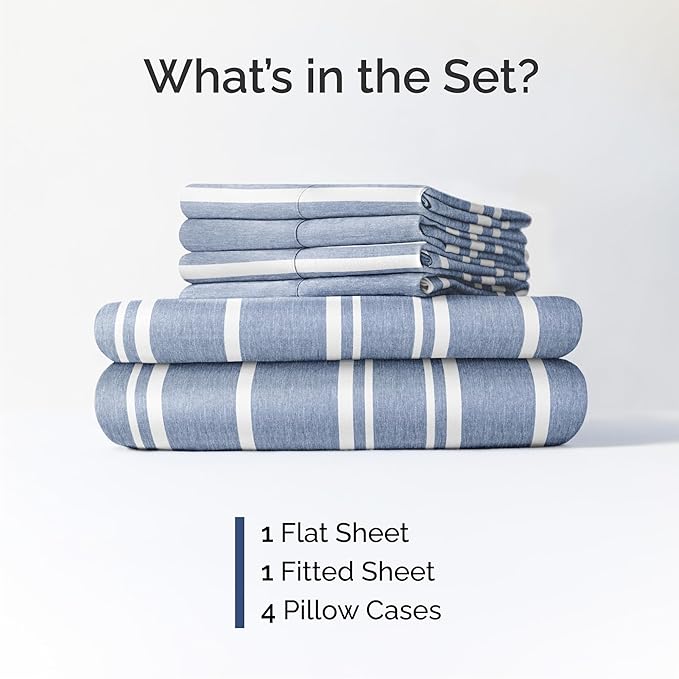 Cal King 6 Piece Sheet Set - Comfy, Breathable & Cooling - Soft Hotel Luxury Bedding for Women, Men, Kids, Teens & Children - 1 Flat & 1 Fitted Sheet & 4 Pillowcases w/ Deep Pockets - Blue Stripes 3