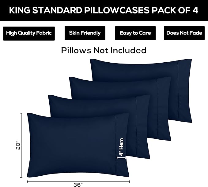 Utopia Bedding King Standard Pillow Cases - 4 Pack - Envelope Closure - Soft Brushed Microfiber Fabric - Shrinkage and Fade Resistant Pillow Covers 20 X 36 Inches (King Std, Navy)