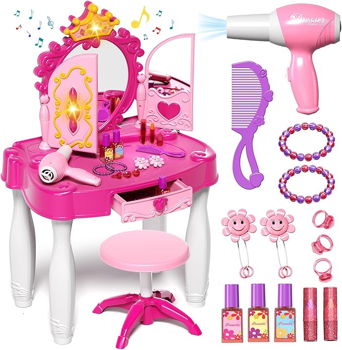 Eohemeral Toddler Makeup Table with Mirror and Chair, Kids Makeup Vanity Set with Accessories and Lights and Music Sound for Girls, Toddlers 3-5 Years Old